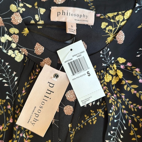 Philosophy Womens Black Floral V-Neck Cuffed Short Sleeve Blouse Bohemian Size S - Picture 7 of 11